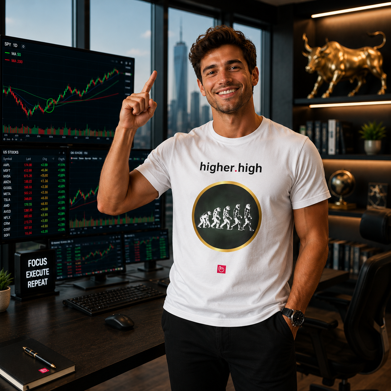 Young American day trader in a sleek, modern trading office, smiling confidently at the camera while gesturing upward with one hand above his head. He wears a white higher.high nano.narrative tee featuring a gold-ring evolution graphic. Bright trading monitors and a sophisticated standing desk setup appear behind him.