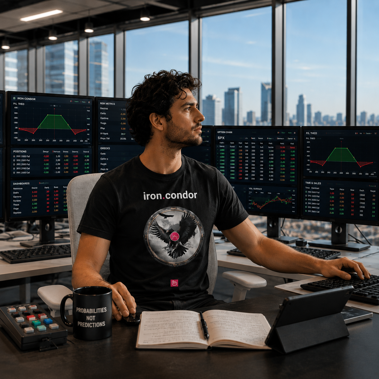 Options trader wearing a black iron.condor nano.narrative tee in a bright institutional trading office with multiple options strategy screens and city skyline windows.