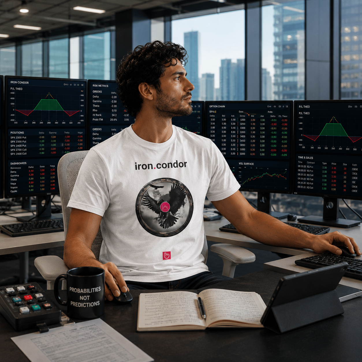 Professional options trader wearing a white iron.condor nano.narrative tee at a modern institutional trading desk surrounded by options chain monitors and risk analysis charts.