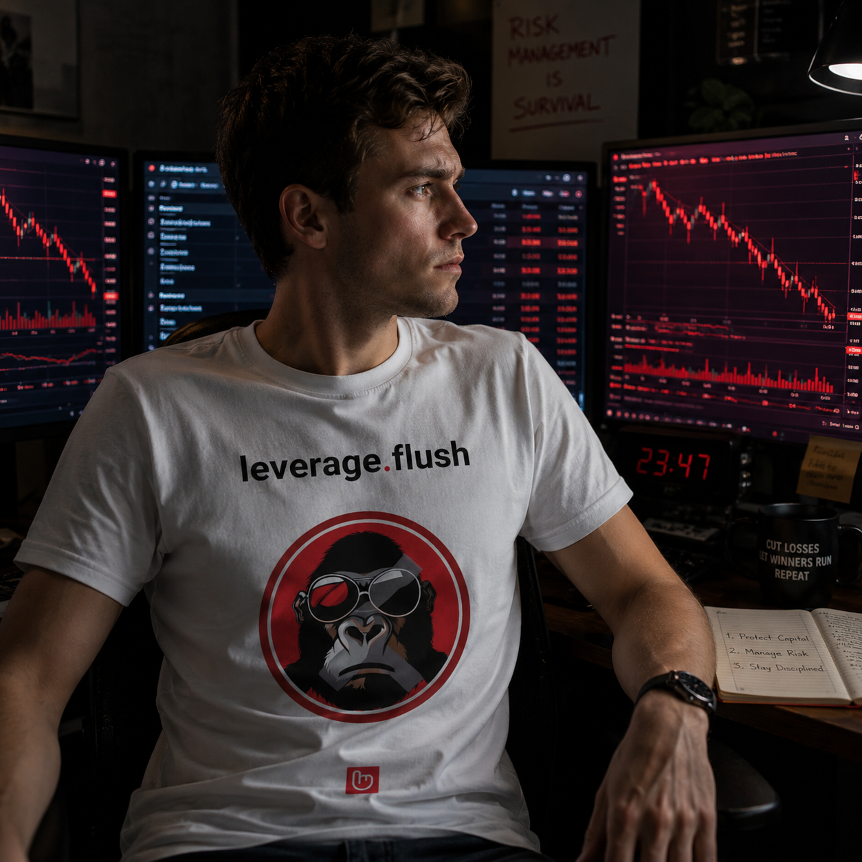 leverage.flush – Margin Calls & Mayhem | Liquidation Tee |  WHITE