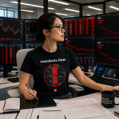 female technical analyst wearing a black marubozu.bear nano.narrative tee in a bright institutional trading room with red candlestick charts across multiple monitors.