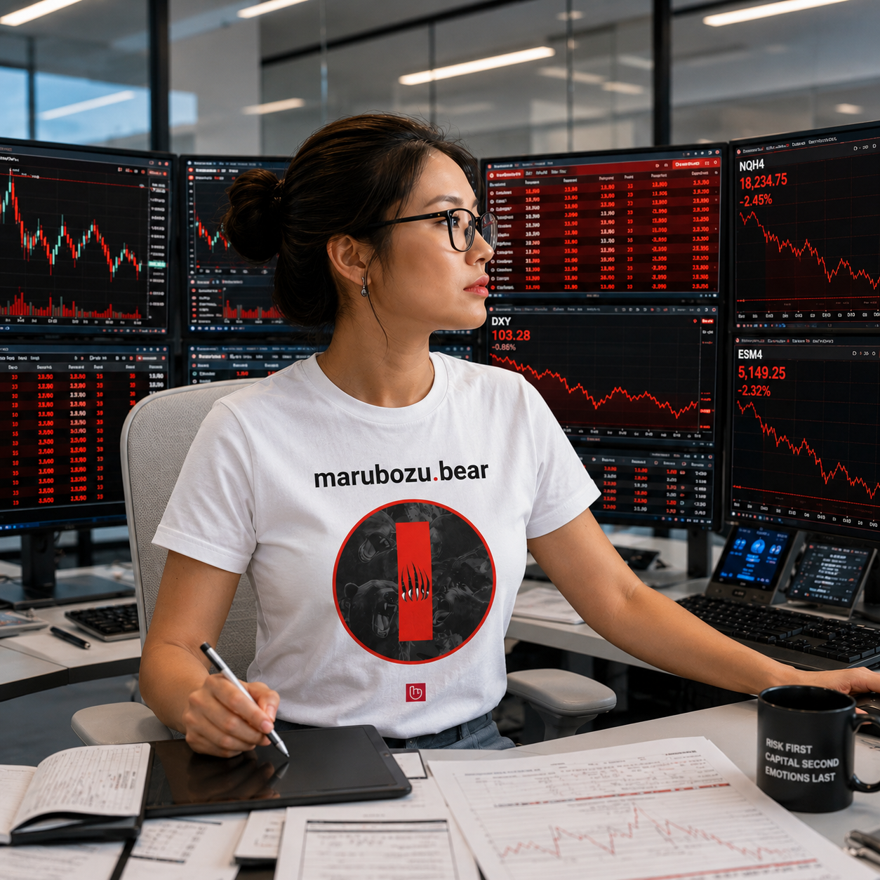 female technical analyst wearing a WHITE marubozu.bear nano.narrative tee in a bright institutional trading room with red candlestick charts across multiple monitors.
