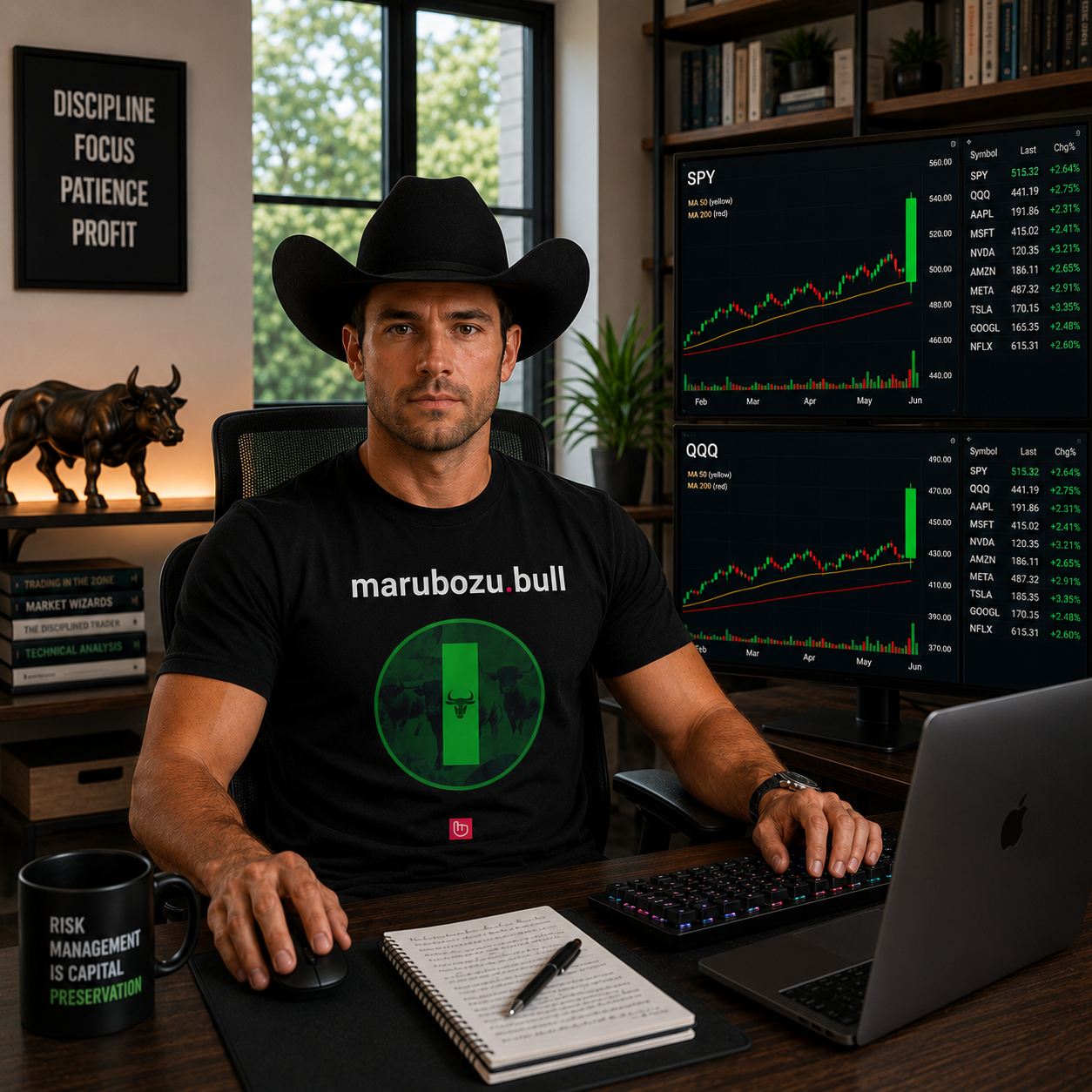 American day trader wearing a black cowboy hat and a black marubozu.bull nano.narrative tee in a bright home trading office, facing the camera with monitors showing a moderate uptrend followed by a massive green bullish candle.