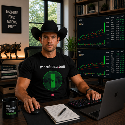 American day trader wearing a black cowboy hat and a black marubozu.bull nano.narrative tee in a bright home trading office, facing the camera with monitors showing a moderate uptrend followed by a massive green bullish candle.