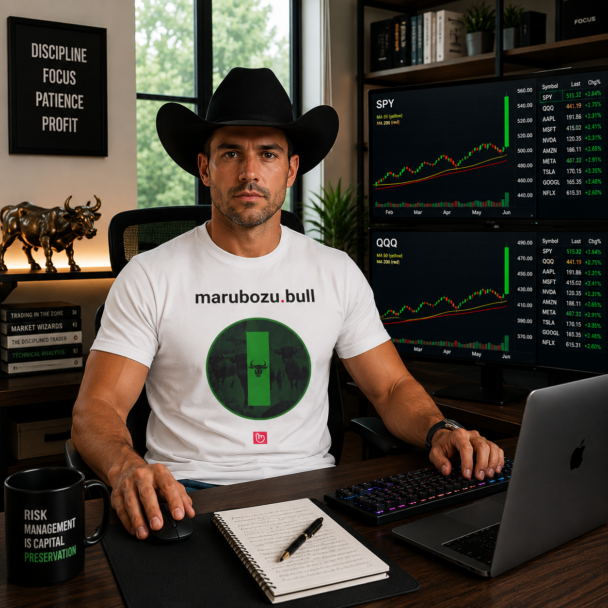 American day trader wearing a black cowboy hat and a white marubozu.bull nano.narrative tee in a bright home trading office, facing the camera with trading screens displaying a steady climb ending in a large green marubozu candle.