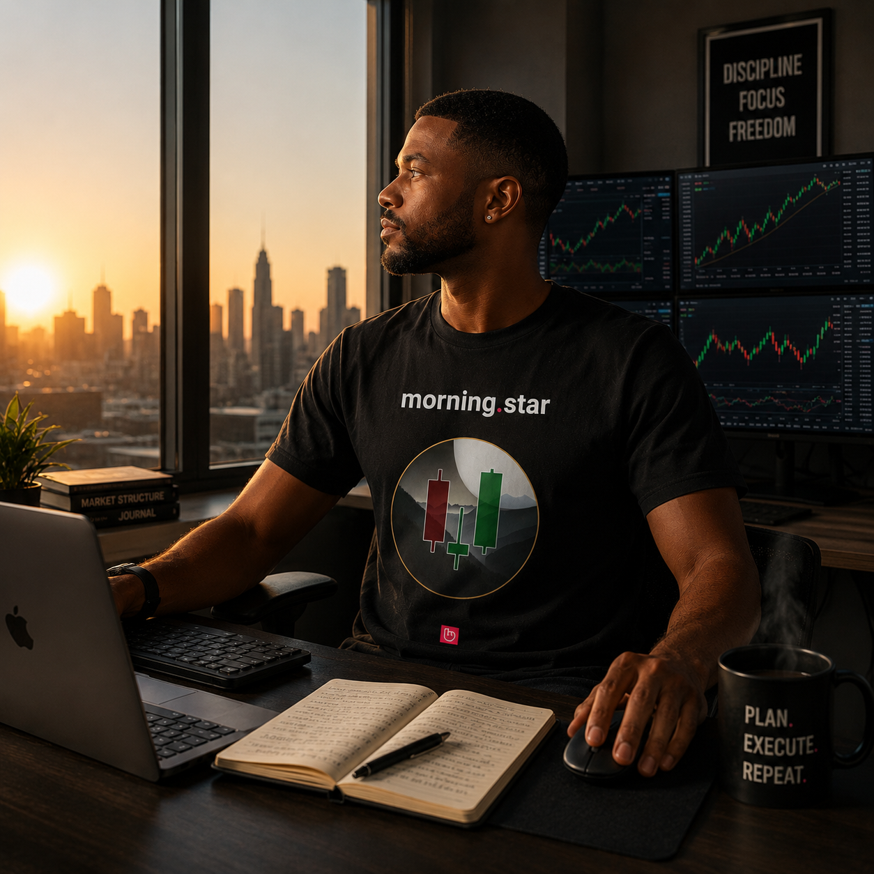 day trader wearing a black morning.star nano.narrative tee in a home trading room at sunrise, with city skyline windows and fresh coffee on the desk.