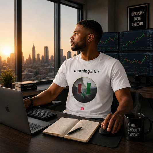 Day trader wearing a white morning.star nano.narrative tee in a home trading room at sunrise, with city skyline windows and fresh coffee on the desk.