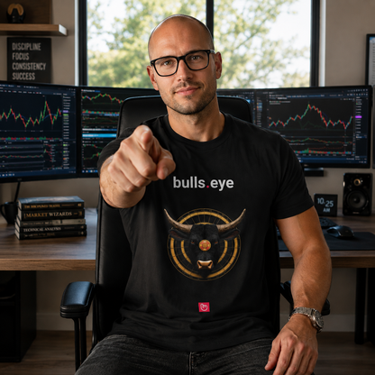 Technical trader wearing the nano.narrative bulls.eye black premium unisex tee in a bright home trading setup, pointing directly at the camera with multi-monitor stock charts in the background.