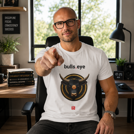 
American technical trader wearing the nano.narrative bulls.eye white premium unisex tee in a modern daylight trading office, facing the camera and pointing forward with active market charts behind him.