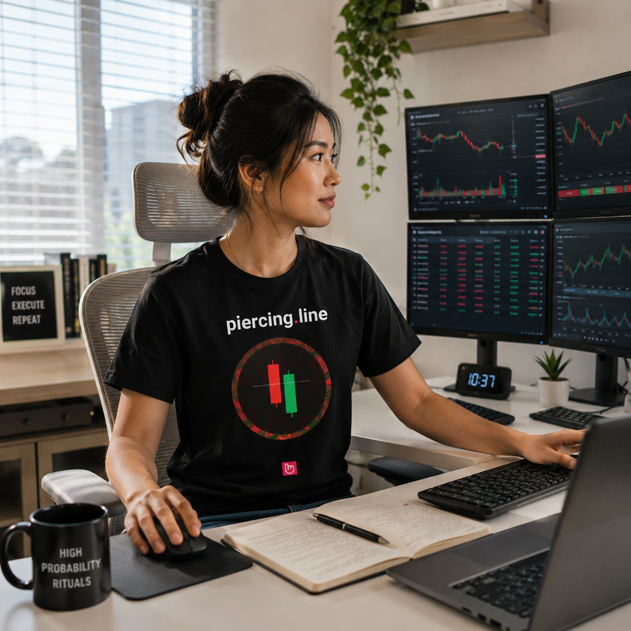 Female day trader wearing a black piercing.line nano.narrative tee in a bright and organized home trading office with multiple market chart monitors.