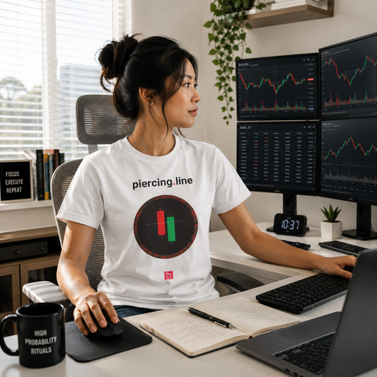 Day trader in a clean, sunlit home trading setup wearing a white piercing.line nano.narrative tee while analyzing candlestick charts on multiple screens.
