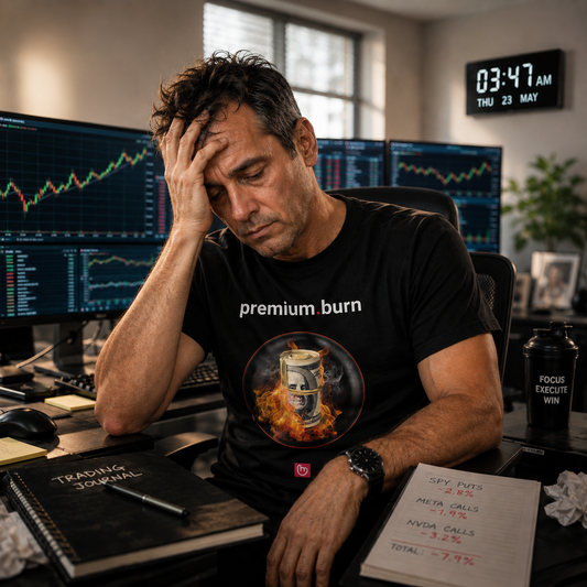 premium.burn – The Cost of Risk | Options Trading Tee_BLACK