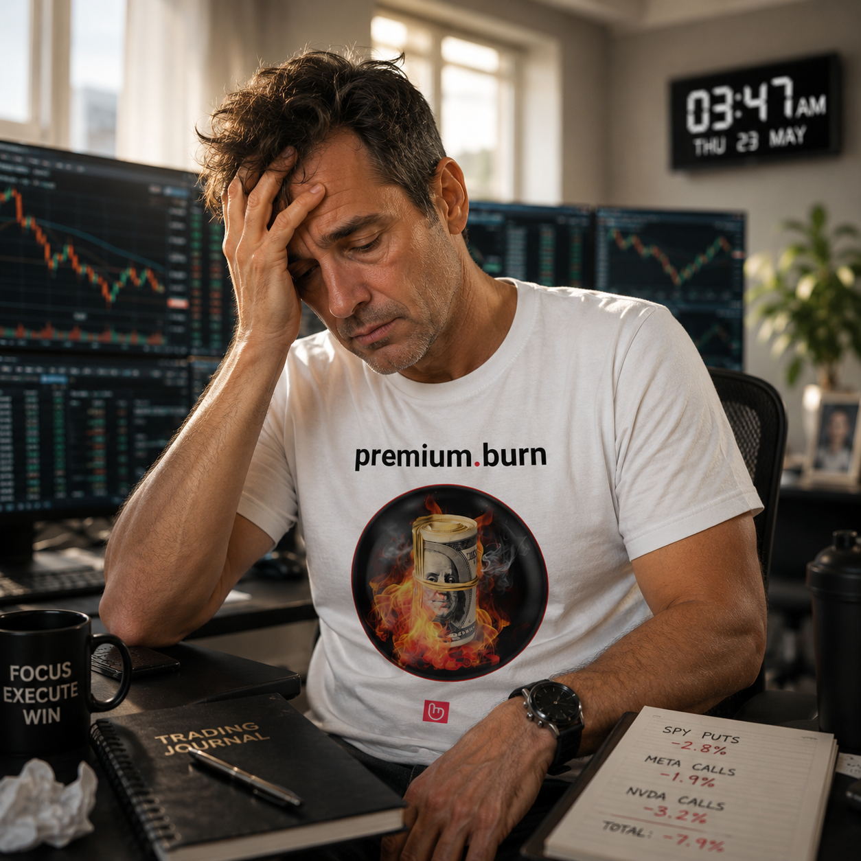 premium.burn – The Cost of Risk | Options Trading Tee. Burning cash. Controlled destruction. A visual signal of theta decay, volatility pressure, and the financial psychology of watching premium evaporate._WHITE