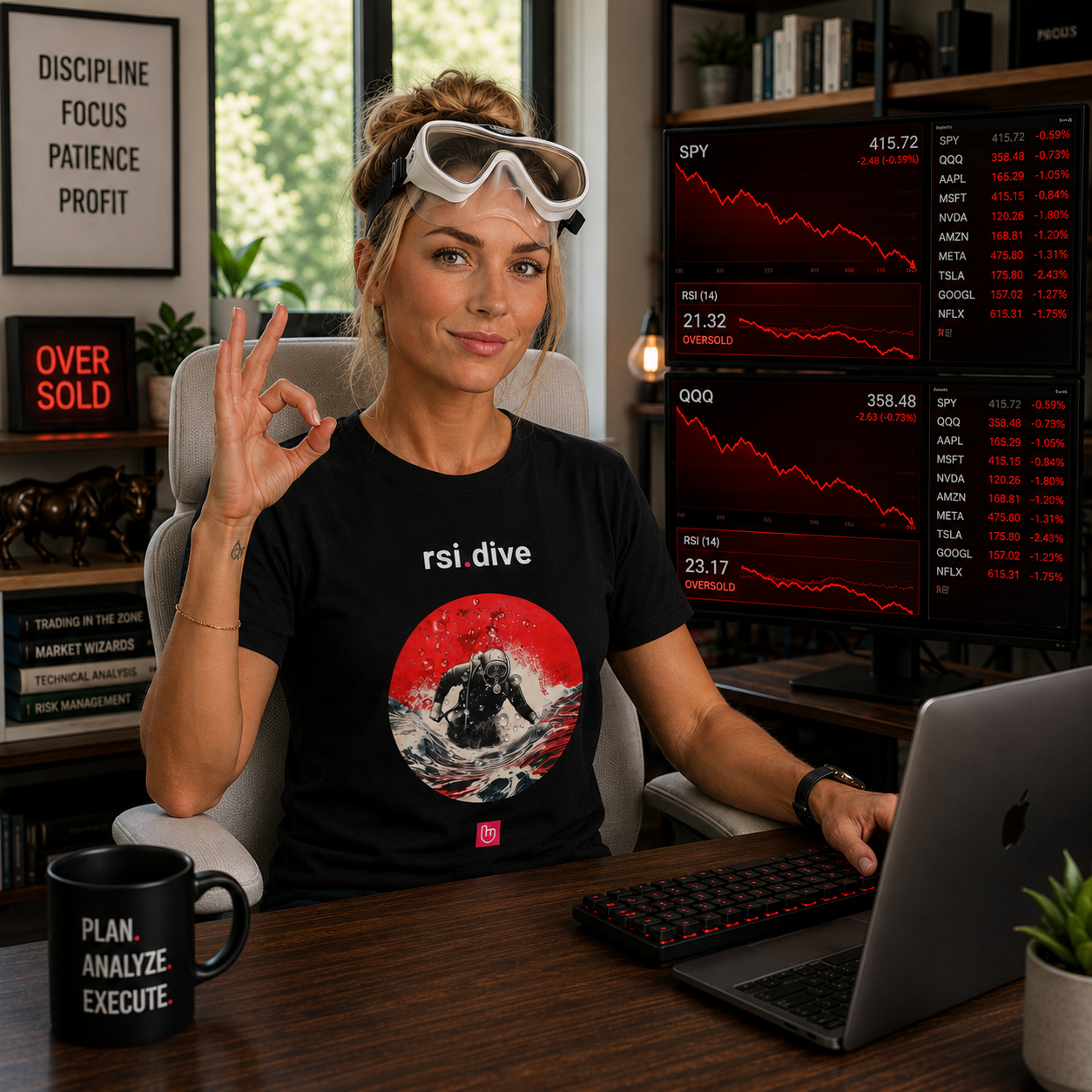 Blonde female day trader wearing diving goggles on her forehead and a black rsi.dive nano.narrative tee, making an “all good” diver hand signal in a bright home trading office with red oversold charts on multiple monitors.