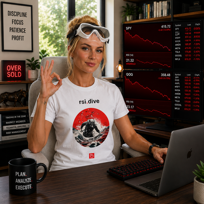 Blonde female day trader wearing diving goggles on her forehead and a white rsi.dive nano.narrative tee, giving a diver “OK” hand gesture in a bright home trading setup with red oversold market charts displayed on trading screens.
