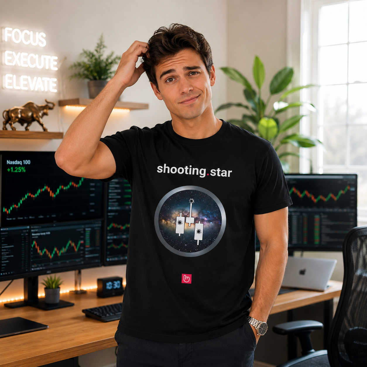 Young American stock trader wearing a black shooting.star nano.narrative tee in a bright modern home trading office, scratching his head while facing the camera, with softly blurred trading charts and a clean light background.