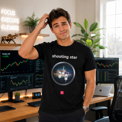 Young American stock trader wearing a black shooting.star nano.narrative tee in a bright modern home trading office, scratching his head while facing the camera, with softly blurred trading charts and a clean light background.