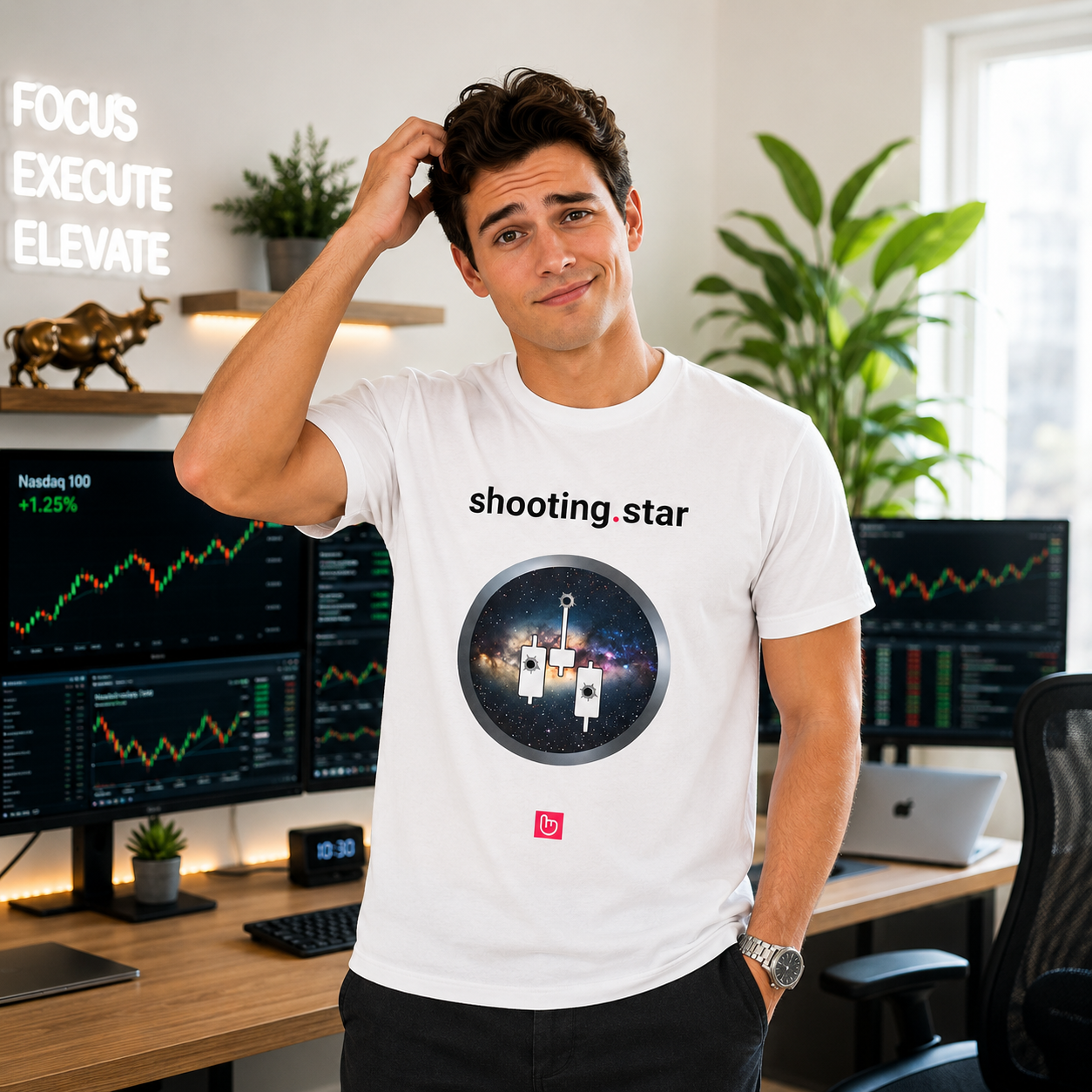 Young American stock trader wearing a white shooting.star nano.narrative tee in a bright modern trading room, scratching his head and looking at the camera, surrounded by softly blurred monitors and minimalist office decor.
