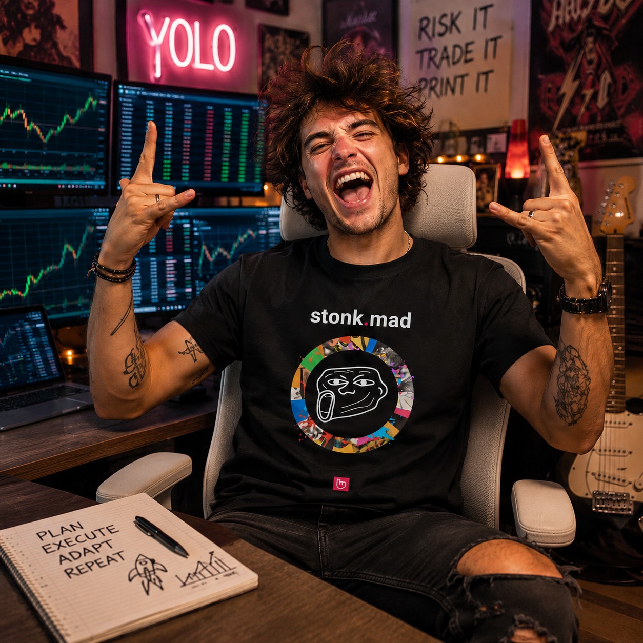 Young options trader with wild hair in a bright rock-inspired home trading setup wearing a black stonk.mad nano.narrative graphic tee with trading monitors and an electric guitar in the background.