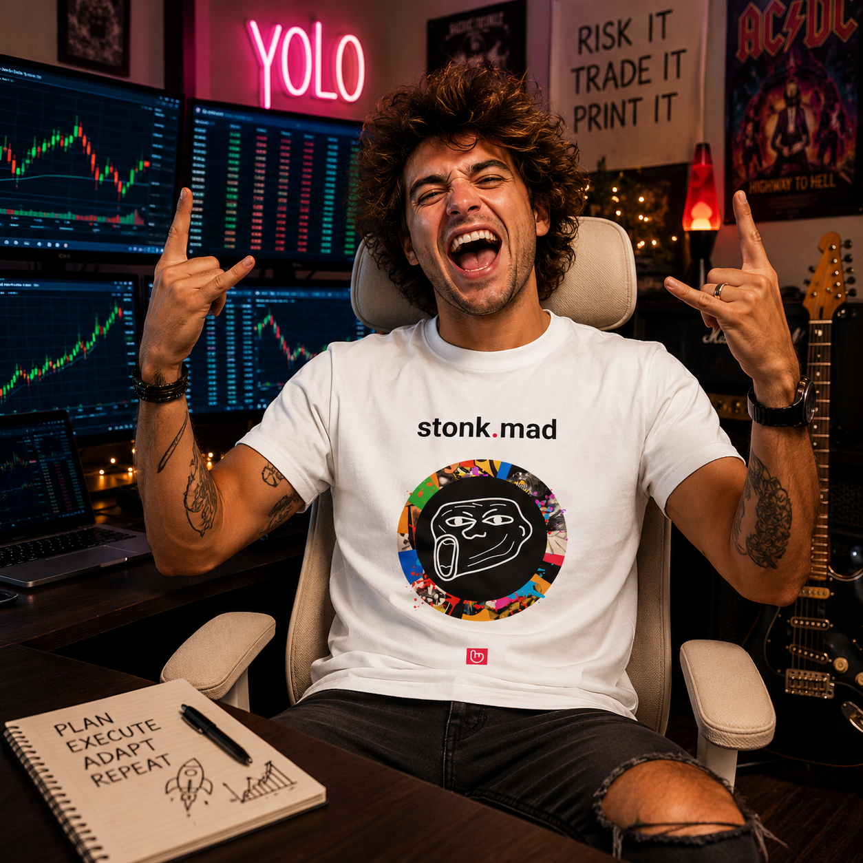 Young YOLO-style trader with messy hair in a modern home trading room wearing a white stonk.mad nano.narrative graphic tee surrounded by stock charts, neon lights, and an electric guitar.