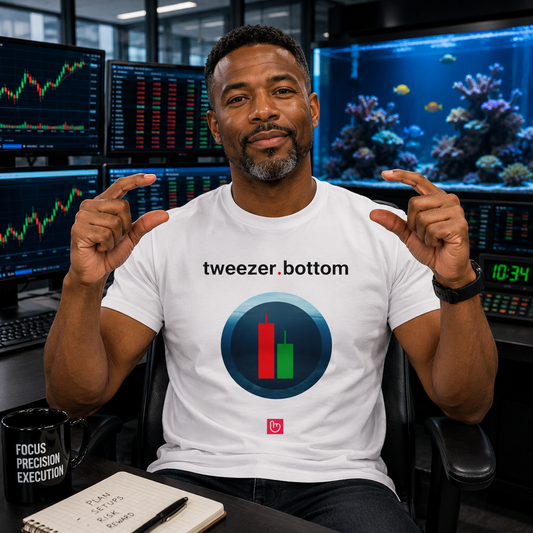 technical trader in a bright trading room making a precision tweezer gesture with both hands while wearing a white tweezer.bottom nano.narrative graphic tee in front of trading monitors and a large aquarium.