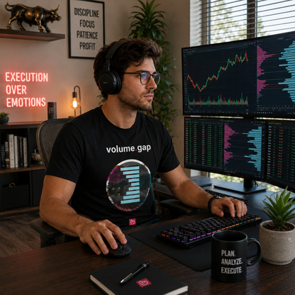 American technical trader wearing a black volume.gap nano.narrative tee in a bright modern trading room, with headphones, glasses, and multi-monitor trading setup displaying volume profile charts.