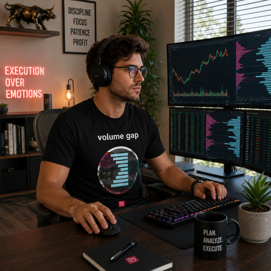 American technical trader wearing a black volume.gap nano.narrative tee in a bright modern trading room, with headphones, glasses, and multi-monitor trading setup displaying volume profile charts.