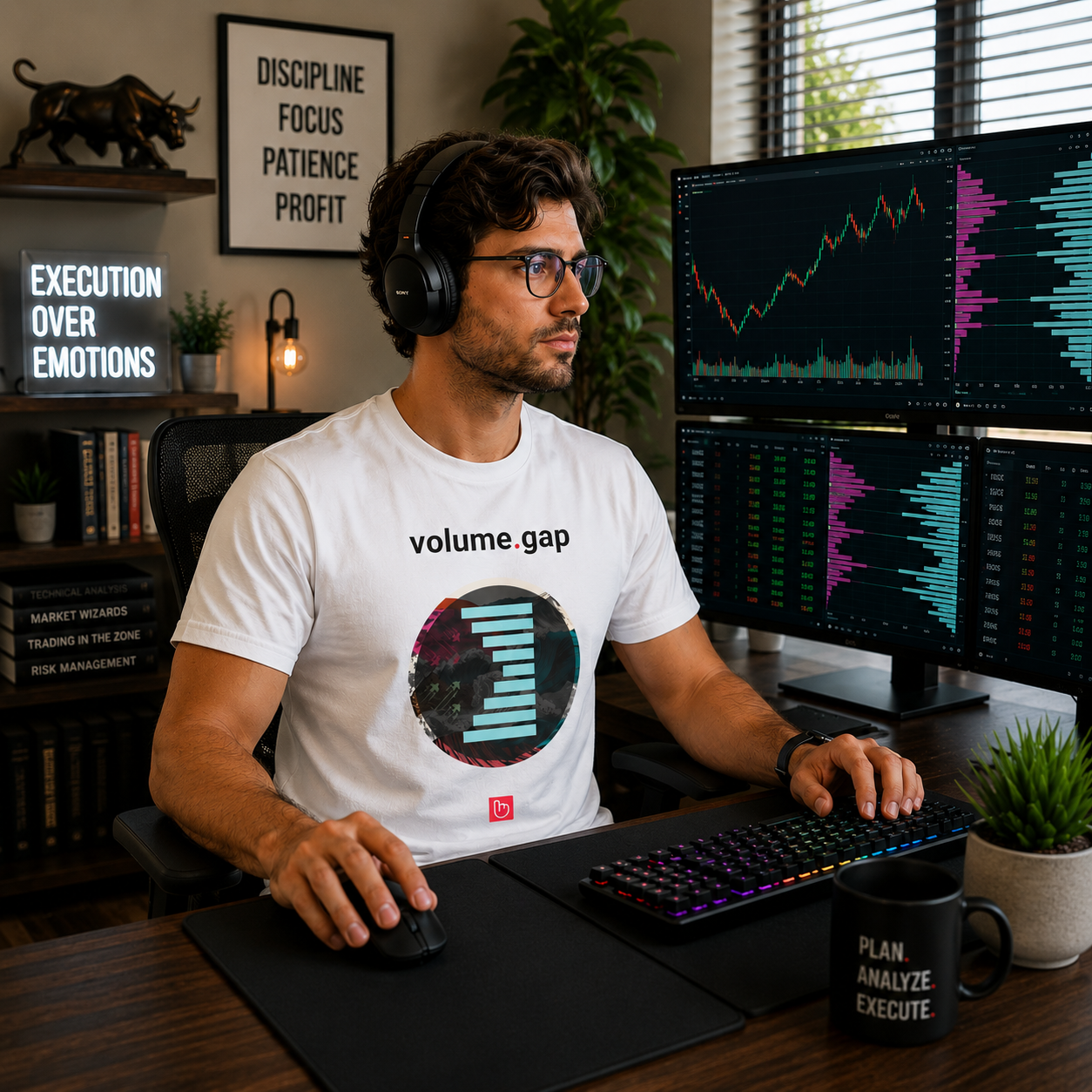 Technical trader wearing a white volume.gap nano.narrative tee in a modern home trading office, seated in front of multiple monitors displaying volume profile and market charts while wearing glasses and headphones.