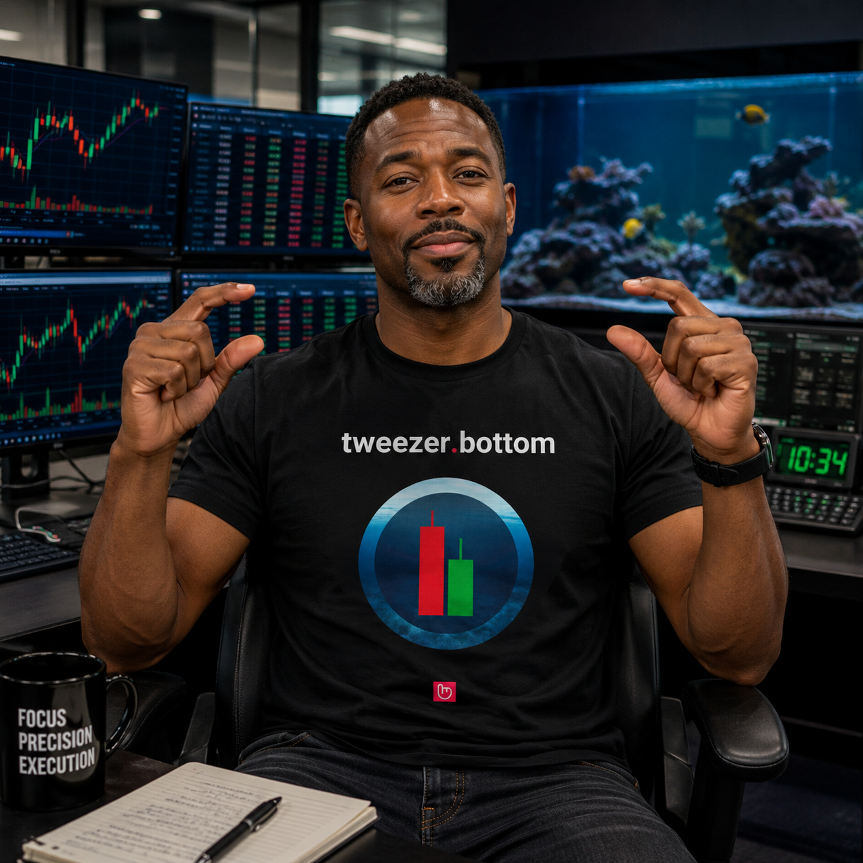 day trader in a modern trading office making a tweezer gesture with both hands while wearing a black tweezer.bottom nano.narrative graphic tee with a large aquarium behind him.

White Version – Alt Text: