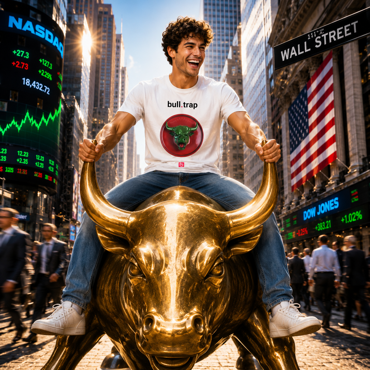 Young American trader in blue jeans riding a massive golden bull in a bright financial street scene while wearing a white bull.trap nano.narrative graphic tee and celebrating with an excited smile.