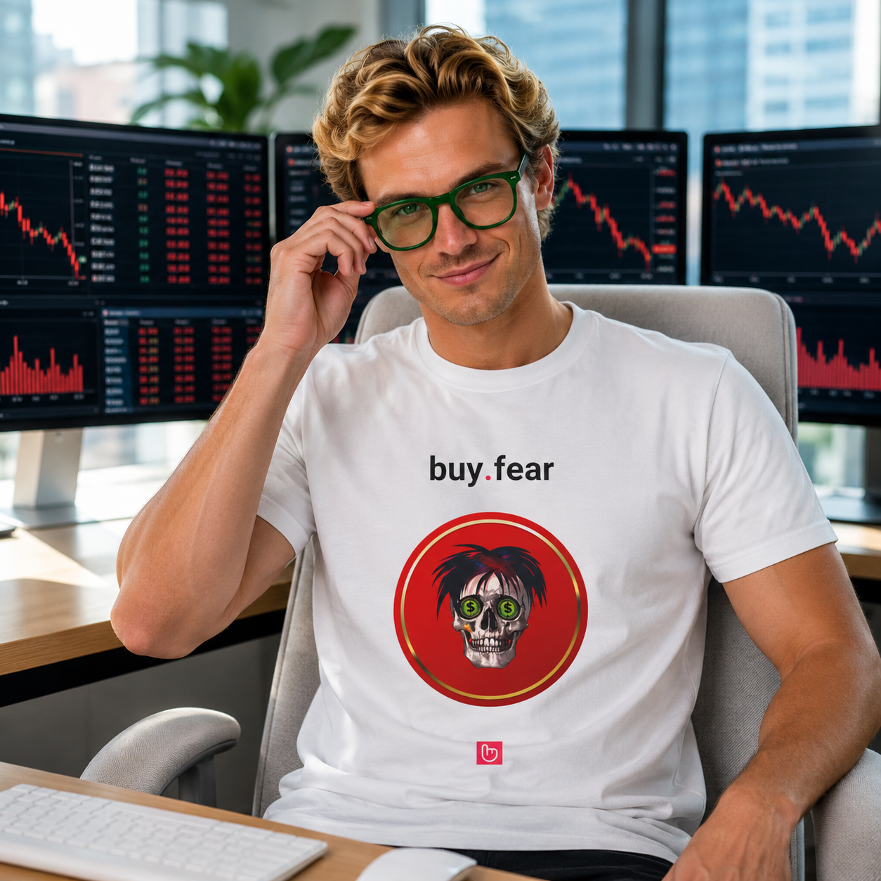 Man wearing a white buy.fear t-shirt seated in a bright modern trading office. He looks directly at the camera with a confident smile while adjusting green-framed glasses. Multiple trading monitors displaying market charts fill the background. A gold bull figurine sits on the desk beside him, and a light gray chair frames the scene. The shirt features the buy.fear design with a skull illustration inside a red circular emblem and the nano.narrative logo beneath.