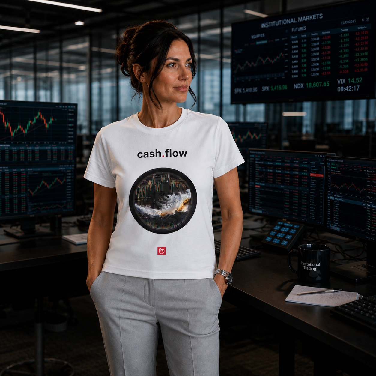 Confident female stock trader in a sophisticated institutional trading office, wearing a white cash.flow nano.narrative graphic tee with light gray business trousers. Surrounded by financial screens and modern trading equipment, the scene captures a polished Wall Street-style environment.
