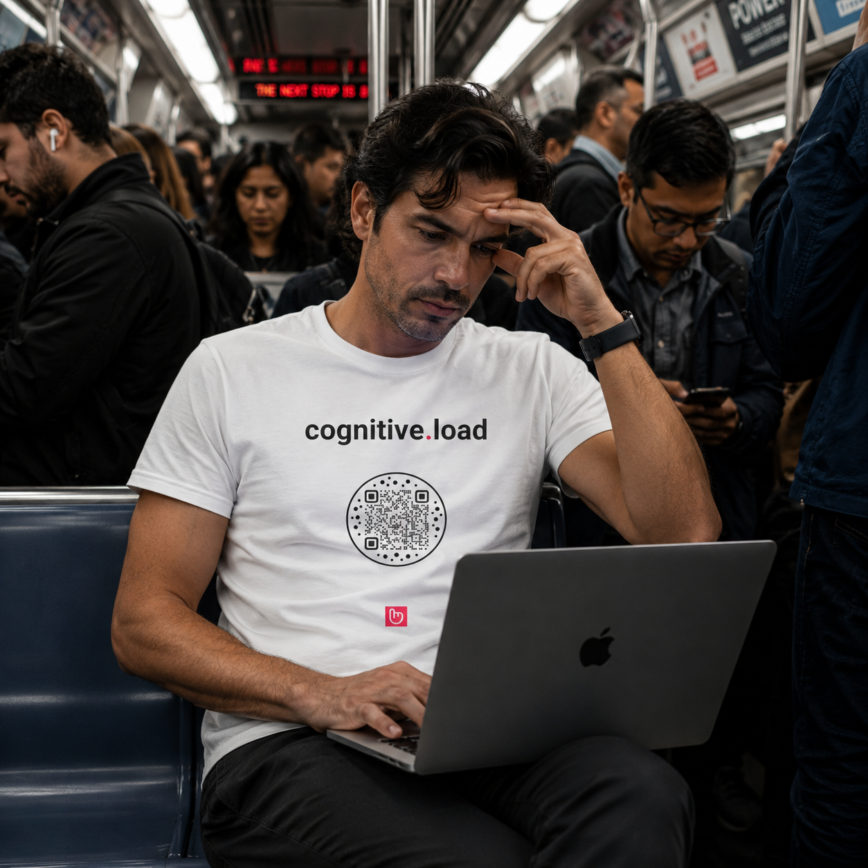 Tired male stock trader sitting in a busy subway car with an Apple laptop, wearing a white cognitive.load nano.narrative graphic tee and dark pants. Crowded commuters, harsh subway lighting, and his strained expression create a powerful modern burnout atmosphere.