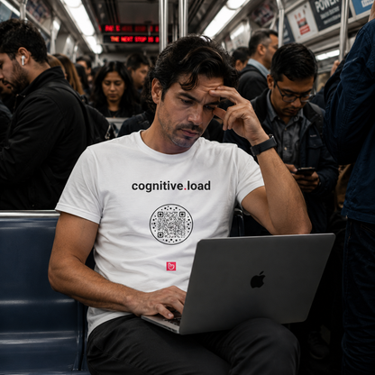 Tired male stock trader sitting in a busy subway car with an Apple laptop, wearing a white cognitive.load nano.narrative graphic tee and dark pants. Crowded commuters, harsh subway lighting, and his strained expression create a powerful modern burnout atmosphere.