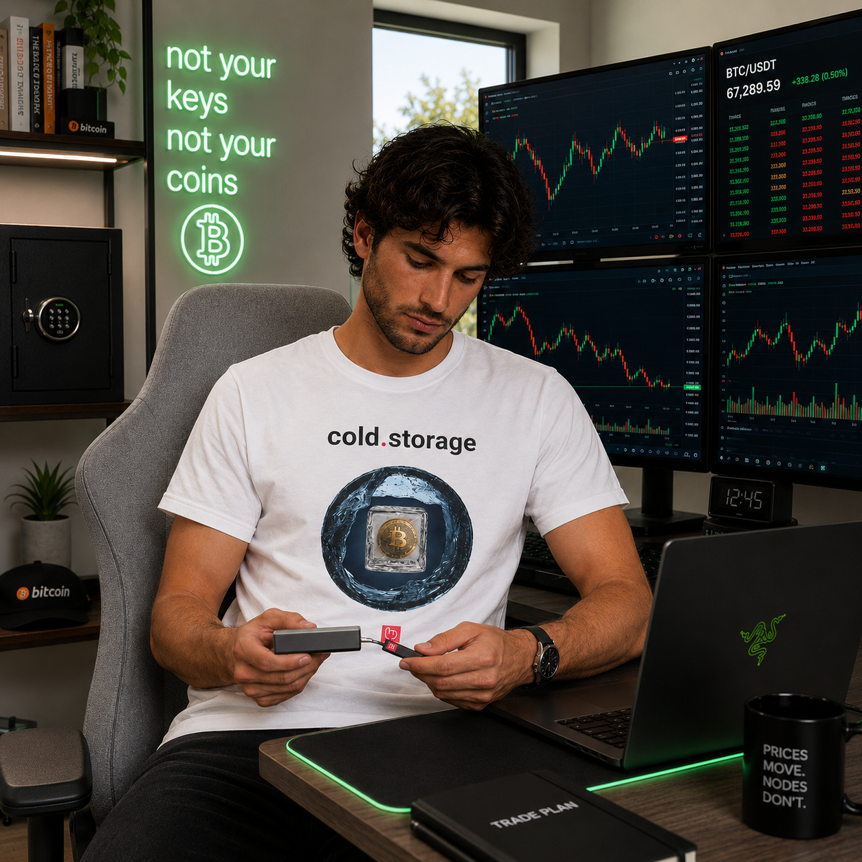 Focused crypto trader in a bright contemporary trading workspace wearing a white cold.storage nano.narrative graphic tee and holding a hardware crypto wallet. The scene includes stacked crypto chart monitors, a green neon “not your keys not your coins” wall sign, gray gaming chair, and a clean high-end Razer-inspired desk setup.