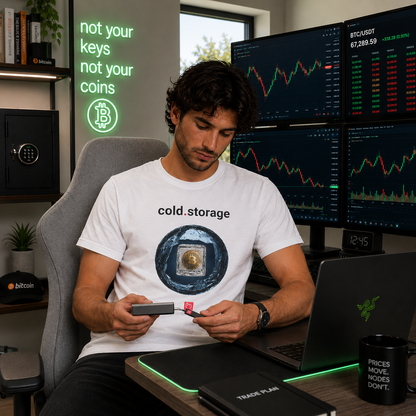 Focused crypto trader in a bright contemporary trading workspace wearing a white cold.storage nano.narrative graphic tee and holding a hardware crypto wallet. The scene includes stacked crypto chart monitors, a green neon “not your keys not your coins” wall sign, gray gaming chair, and a clean high-end Razer-inspired desk setup.