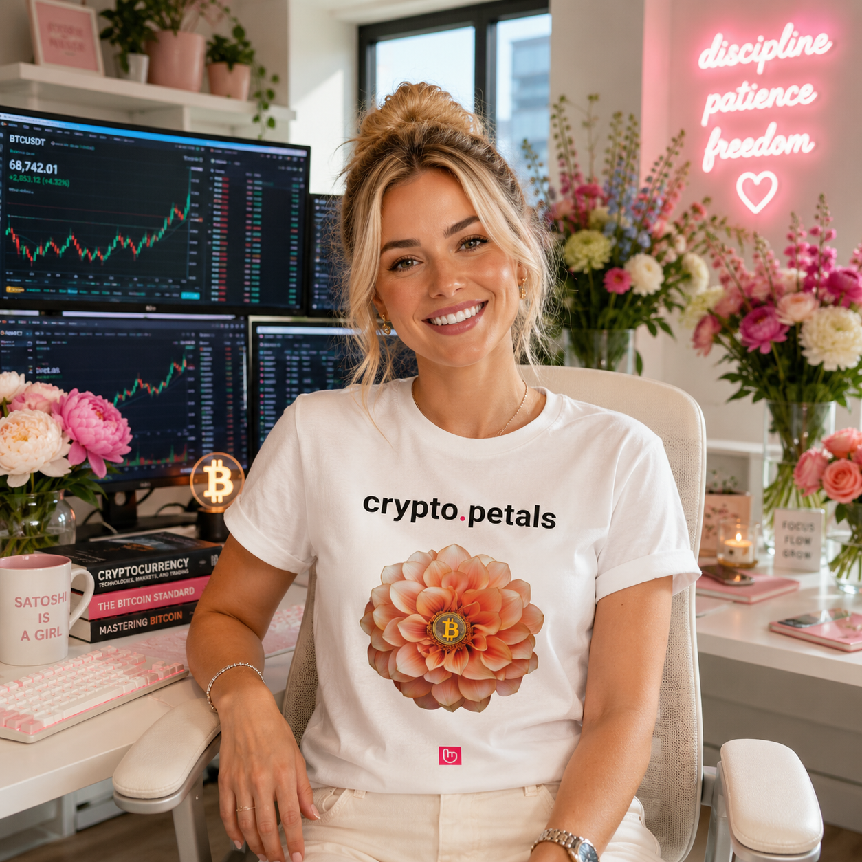Confident blonde woman in a white crypto.petals nano.narrative tee seated in a bright modern crypto workspace filled with flowers, Bitcoin-themed décor, and glowing trading monitors.