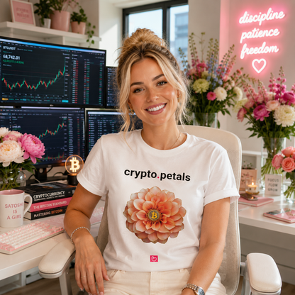 Confident blonde woman in a white crypto.petals nano.narrative tee seated in a bright modern crypto workspace filled with flowers, Bitcoin-themed décor, and glowing trading monitors.