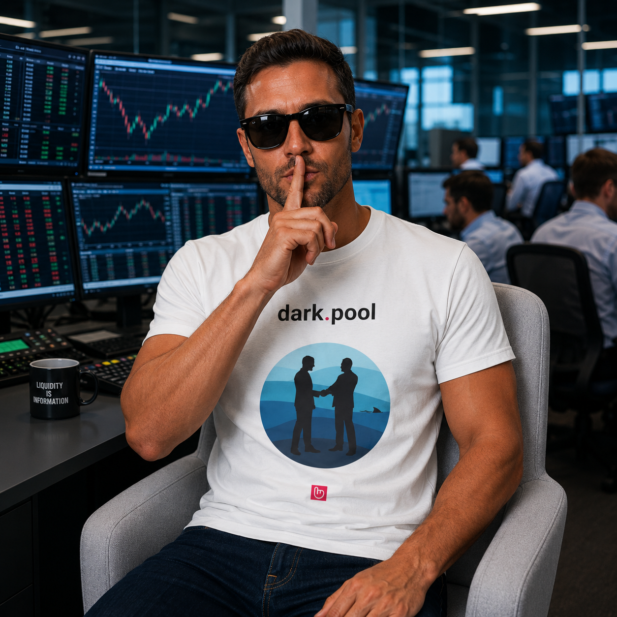 33-year-old institutional trader in a modern institutional trading office wearing a white dark.pool nano.narrative tee and black sunglasses, signaling silence with his finger while seated in a light gray chair in front of multiple market screens.
