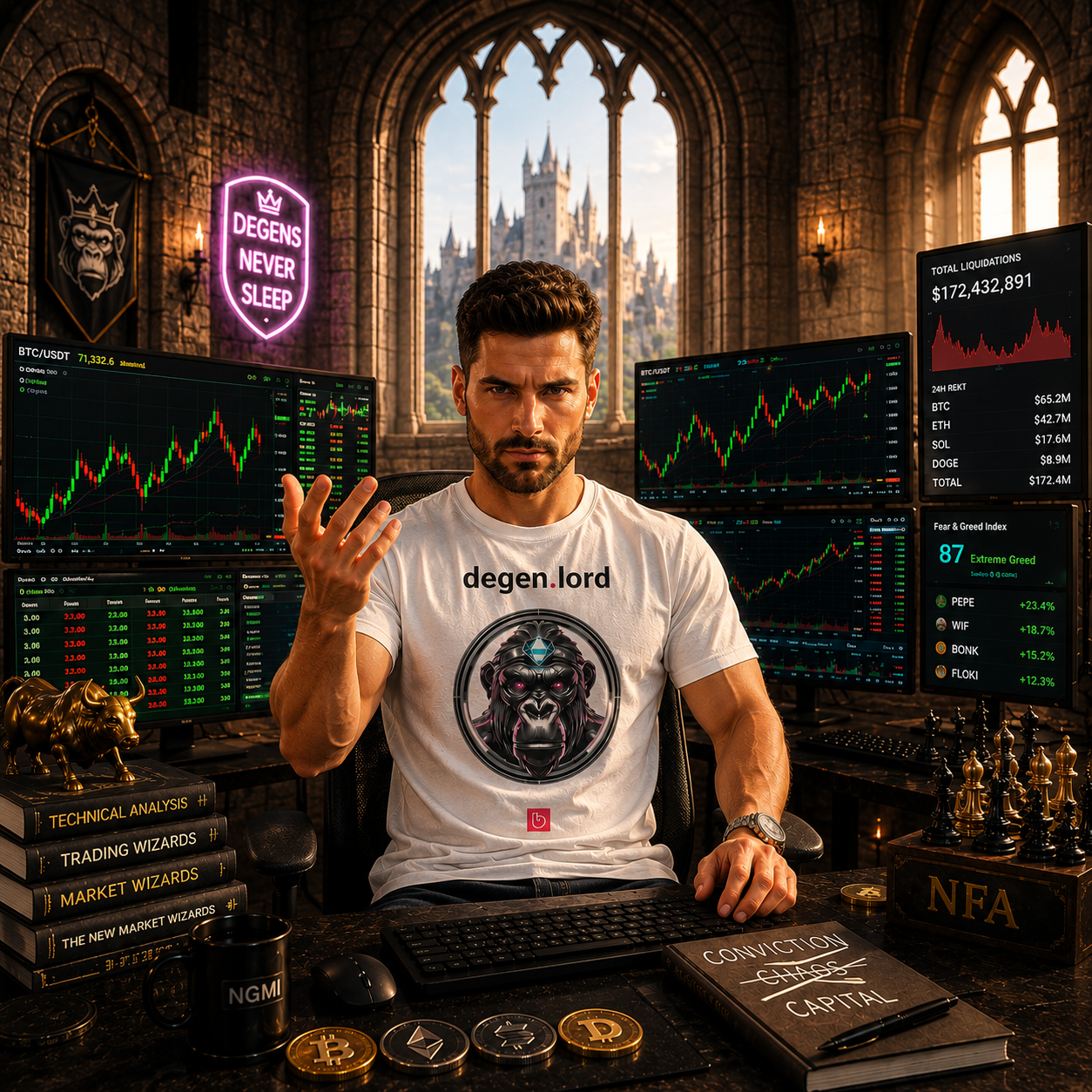 Young crypto trader seated in a medieval-style castle trading room filled with crypto charts and glowing market screens, wearing a white degen.lord nano.narrative tee featuring a chrome gorilla with diamond crown. The trader raises his hand in a regal gesture while looking directly at the camera. Bright cinematic sunlight streams through gothic castle windows behind him.