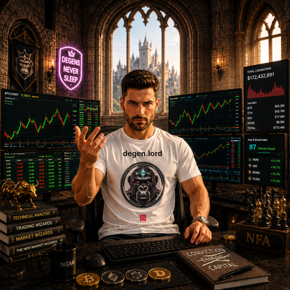 Young crypto trader seated in a medieval-style castle trading room filled with crypto charts and glowing market screens, wearing a white degen.lord nano.narrative tee featuring a chrome gorilla with diamond crown. The trader raises his hand in a regal gesture while looking directly at the camera. Bright cinematic sunlight streams through gothic castle windows behind him.