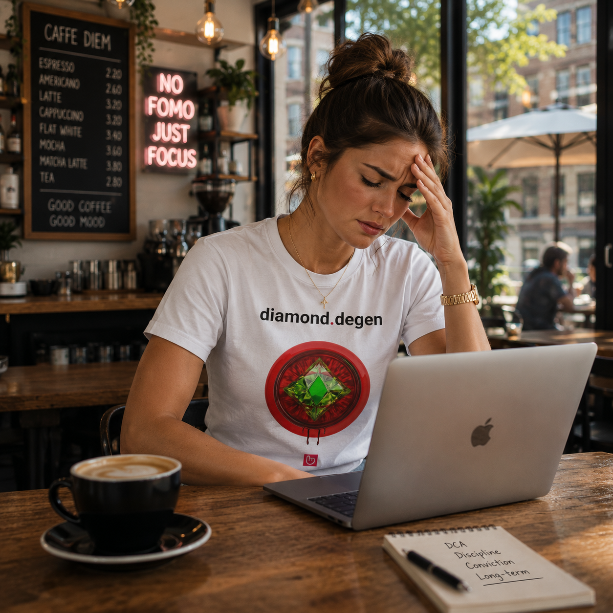 Crypto trader woman seated in a sunlit café, wearing a white diamond.degen nano.narrative tee with a glowing green diamond design while working on a silver Apple laptop. She appears emotionally exhausted, holding her forehead as warm café lighting, coffee cups, and trading-inspired décor surround her.