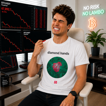 Young crypto trader in a bright modern home trading room wearing a white diamond.hands nano.narrative tee with emerald diamond fist artwork. He grimaces through volatility while red Bitcoin downtrend charts glow across multiple trading monitors. Cream ergonomic chair, clean lighting, and accurate print proportions and logo placement matching the original product reference.