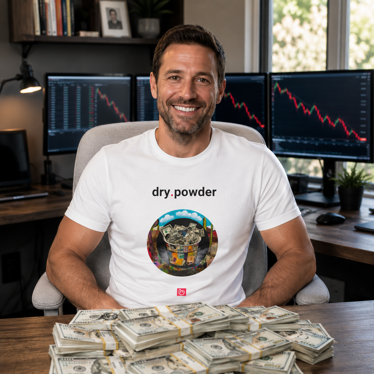 Smiling 37-year-old trader in a bright modern home trading room wearing a white dry.powder nano.narrative T-shirt. Multiple trading monitors behind him display sharp red downward market charts. Bundles of $100 cash are stacked on the desk in front of him without blocking the shirt artwork. The trader sits in a light gray chair, facing the camera under soft daylight.