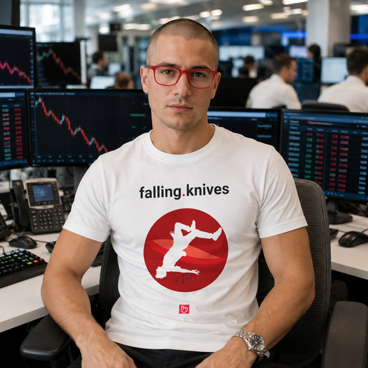 Young 27-year-old day trader wearing red glasses and a white falling.knives nano.narrative T-shirt while sitting in a modern institutional trading office. Multiple monitors behind him display sharp red market selloffs and declining charts. He looks directly at the camera with a focused expression under bright office lighting.