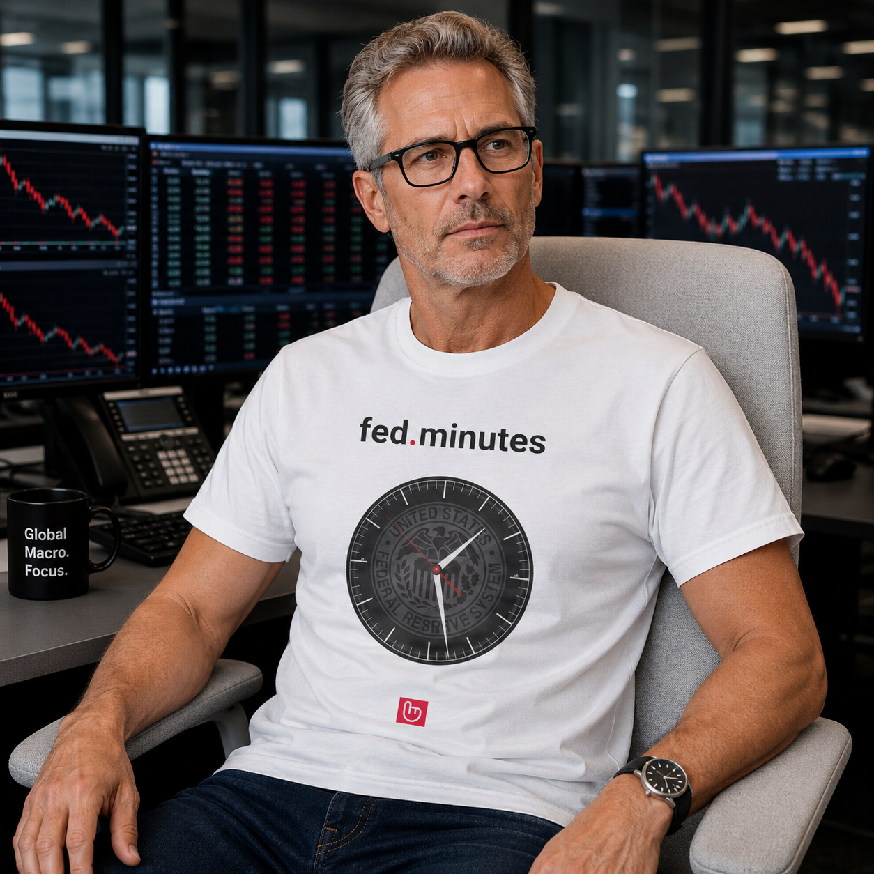 Experienced macro trader in his mid-50s wearing a white fed.minutes nano.narrative T-shirt while sitting in a light gray ergonomic chair surrounded by trading monitors and financial data screens. He maintains a focused, thoughtful expression inside a professional macro trading environment with red market charts visible in the background.