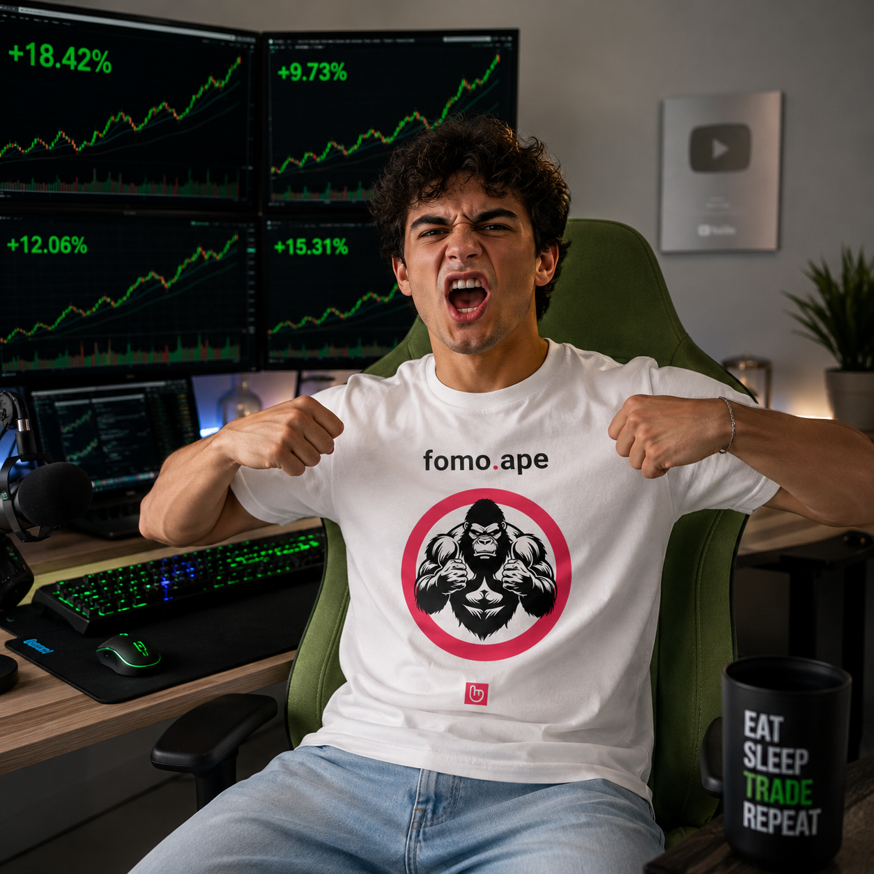 Young momentum trader in a bright home trading room wearing a white fomo.ape nano.narrative tee featuring a bold gorilla design inside a hot-pink circle. The trader makes aggressive ape-like gestures in front of multiple green trading charts while seated in a green chair with light blue jeans and a modern