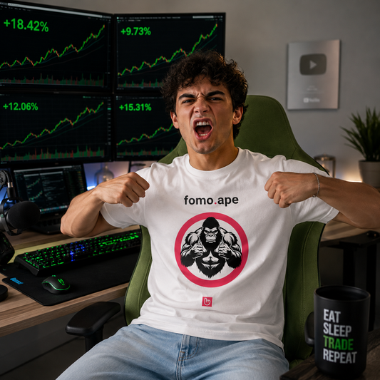 Young momentum trader in a bright home trading room wearing a white fomo.ape nano.narrative tee featuring a bold gorilla design inside a hot-pink circle. The trader makes aggressive ape-like gestures in front of multiple green trading charts while seated in a green chair with light blue jeans and a modern
