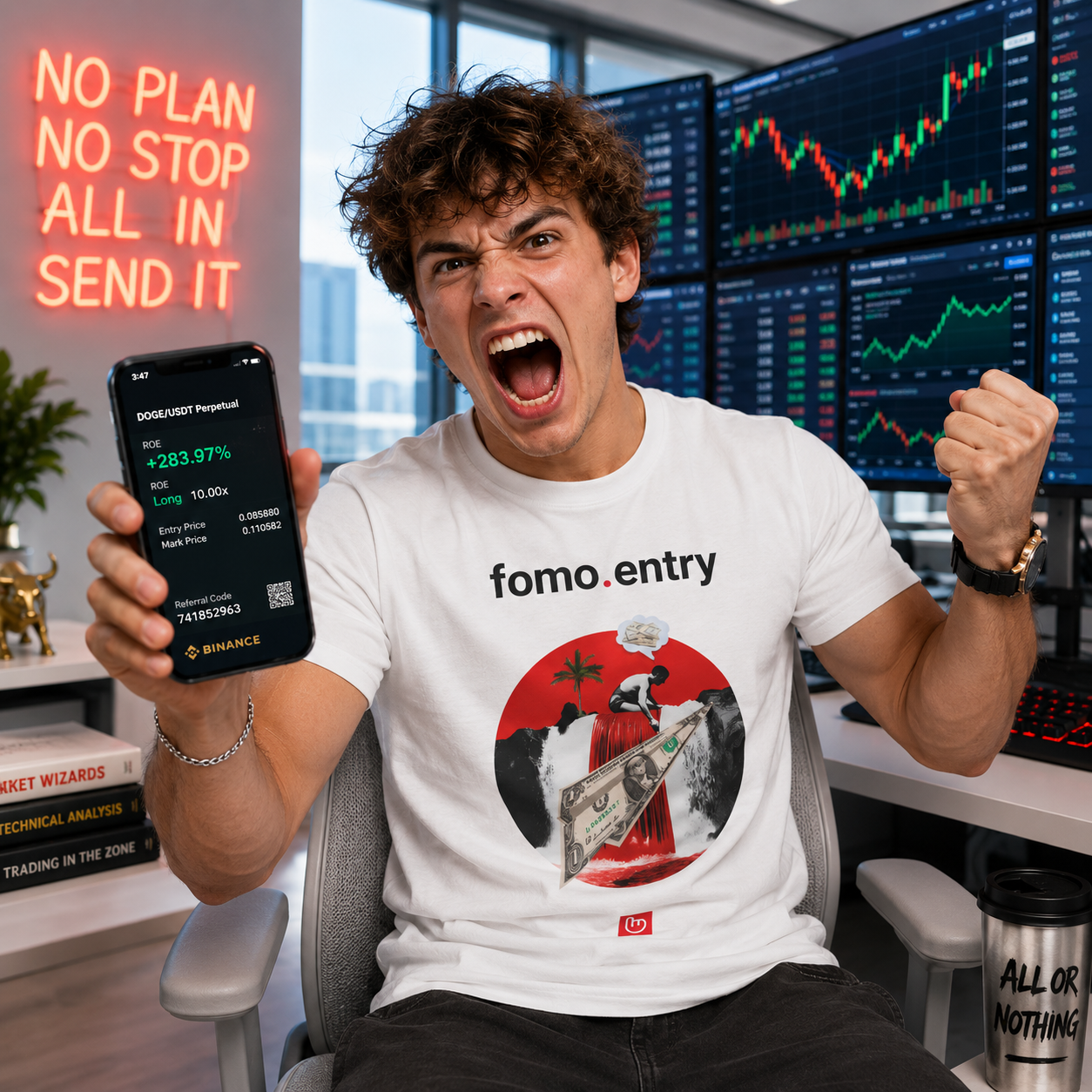 Young high-risk trader in a white fomo.entry nano.narrative tee celebrating aggressively in a modern trading room, surrounded by glowing charts, neon trading signs, and FOMO-fueled energy.