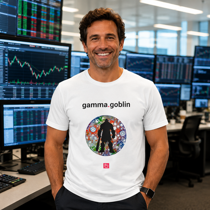 Confident 37-year-old options trader smiling toward the camera in a modern institutional trading room, wearing a white gamma.goblin nano.narrative tee with an Apple Watch and illuminated market screens behind him.